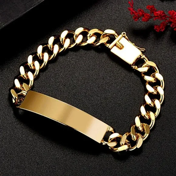 Awesome Men's Large I.D Style Bracelet Stamped 18k Gold