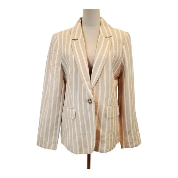 NEW Philosophy SZ L Stripe Notch Collar Long Sleeve Linen Blend Blazer Tan