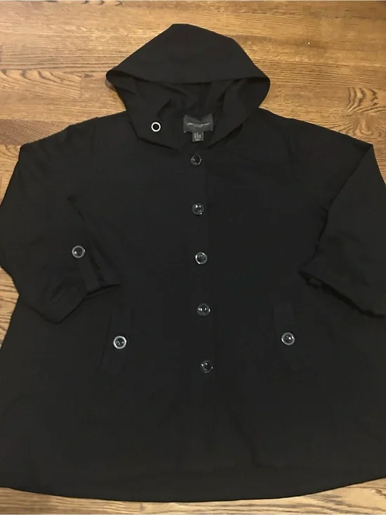 Christian Siriano Black Hooded Button-Front Trench Coat missing tie 4 hood 0155