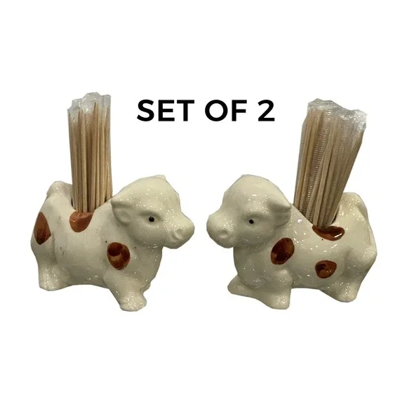Cow Toothpick Holder Ceramic Vintage Set of 2 White Brown 3.25