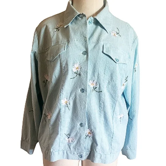 Vintage The Quacker Factory Blue Striped Jacket Floral Embroided Boho Shacket 1X