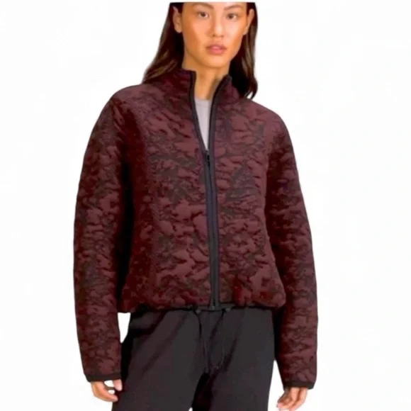 Lululemon Jacquard Wool Blend Burgundy Quilted Bomber Zip Up Jacket Size 12 NWT