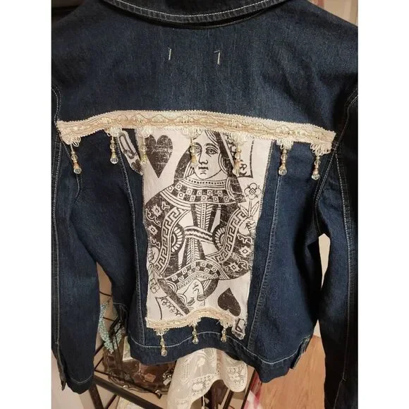 Upcycled reworked jean jacket queen of hearts women's xlg size 16
