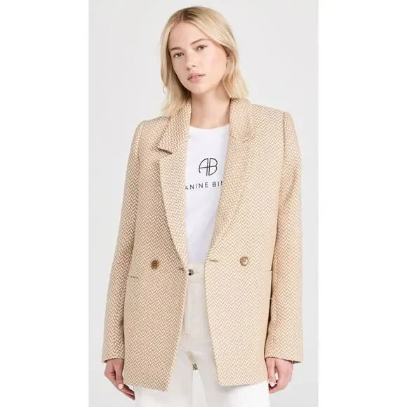 ANINE BING Fishbone Herringbone Pattern Blazer Jacket