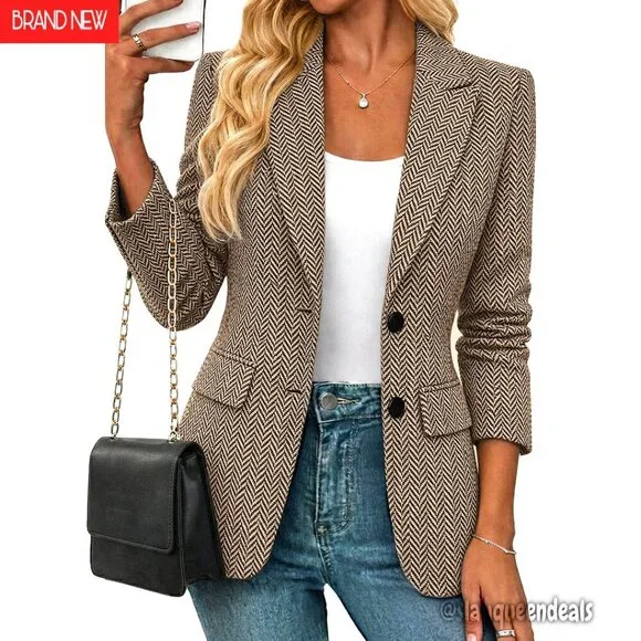 Women's Tailored Tweed Blazer, Fully Lined, Notched Lapel, Pockets, Work Office