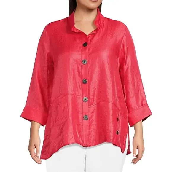 Ali Miles Woven Shimmer Stand Ruffle Collar 3/4 Sleeves Button-Front Tunic Sz 2X