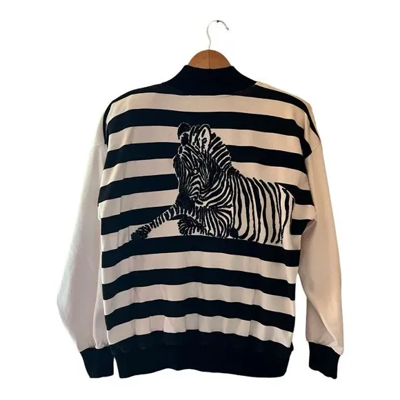 VTG 80s Full Zip Beaded Zebra Sweatshirt Jacket‎ MOLTO FINO Designer Striped M/L