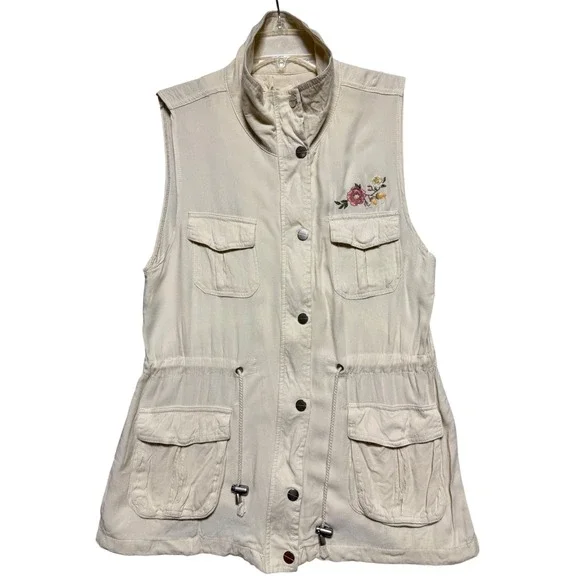 Ashley by 26 International Cream Floral Embroidered Utility Vest‎ XL Downtown