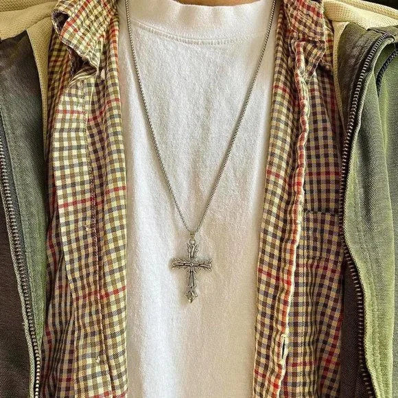 y2k grunge chrome silver cross pendant necklace