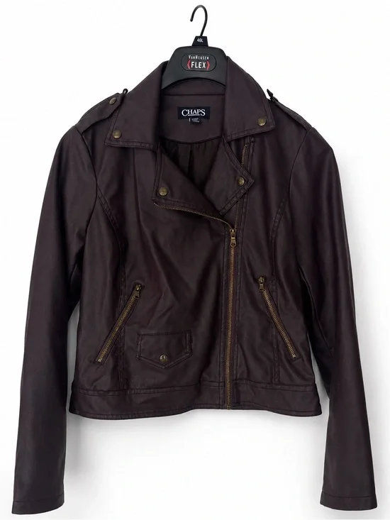 Chaps Ralph Lauren Faux Leather Moto Jacket Brown Women’s Small Biker Zip