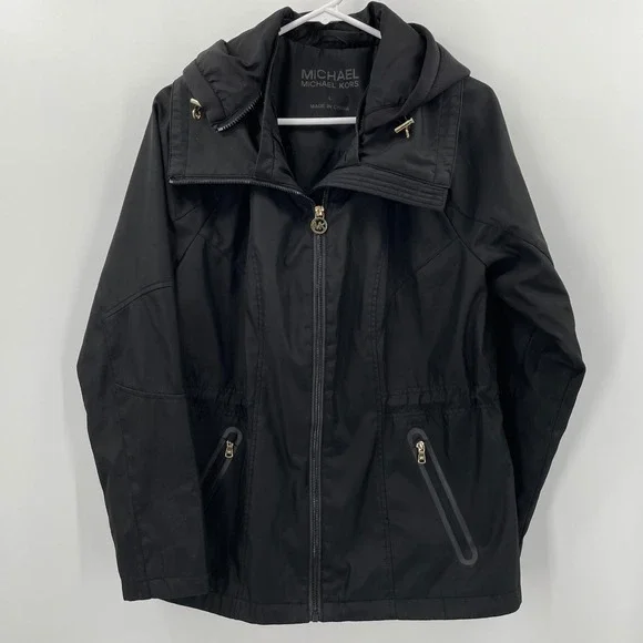 MICHAEL‎ KORS Womens Black Hooded Anorak Rain Jacket Size L Utility *Flaws*READ*