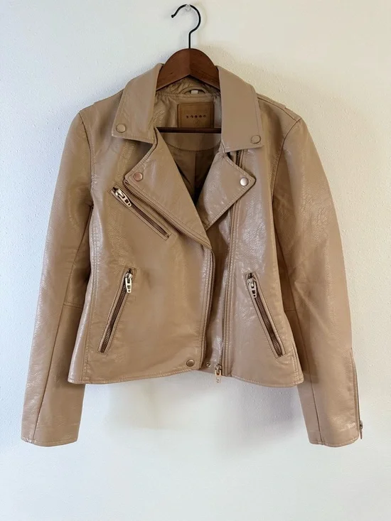 Blank NYC Tan Faux Leather Moto Jacket Women’s Medium Cropped Biker