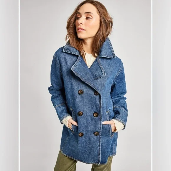 Classic Nautical Preppy Medium Wash Denim Double Breasted Jean Trench Co…