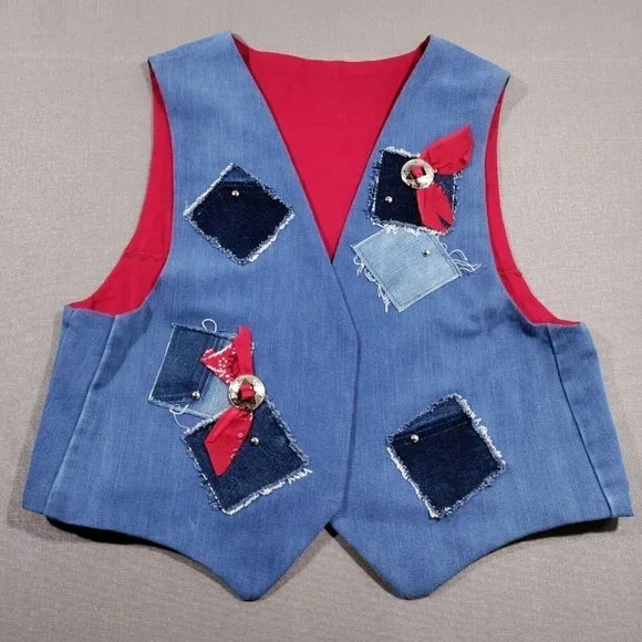 Vtg Handmade Denim Patchwork Vest Large Bandana Print Concho Lined