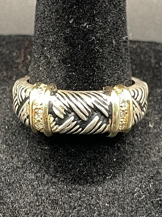 925 Sterling 14 K Gold Diamond Accented Textured Designer Ring Size 9