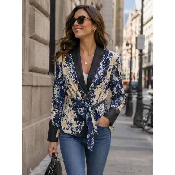 Tuckernuck Blue and Black Floral Satin Wrap Jacket XSmall