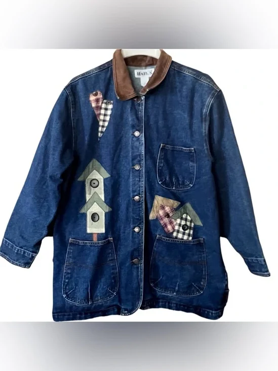 Vintage Haiks Women's Blue Denim Chore Jacket with Appliqué Birdhouse Motif/Lg