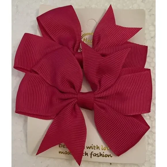 Fuchsia Pink Hair Bow Clips Grosgrain Ribbon Baby Toddler Girl Hair Barrette Set