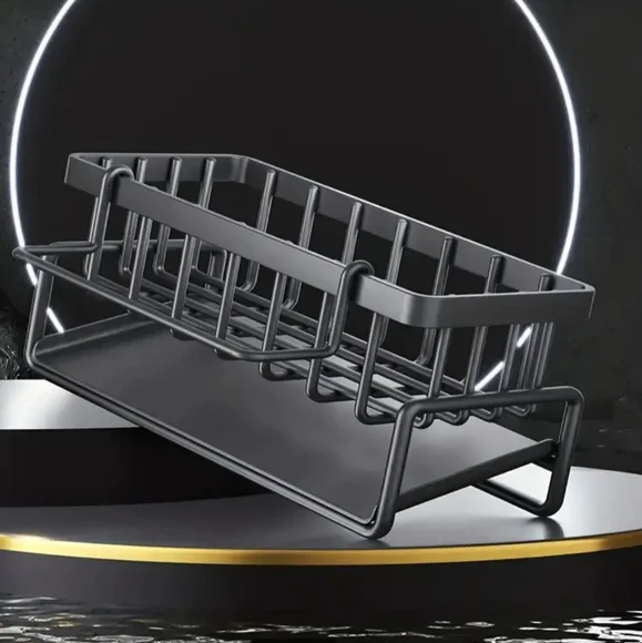 Black Sink Caddy, Sponge Storage & Drain Rack With Dishcloth Holder.