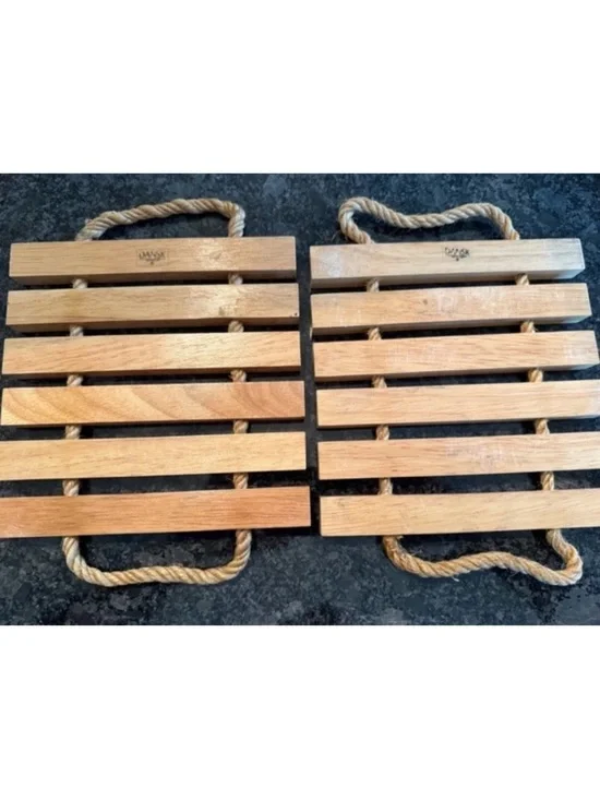 Vintage Dansk Solid Teak Wood Slat Trivets w/ Rope Handles Set of 2