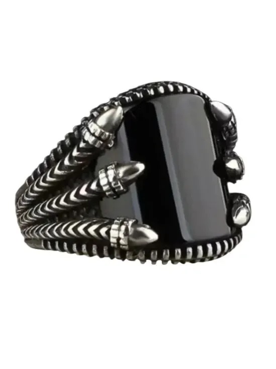 Black Gemstone Silvertone Eagle Claw Men's Ring