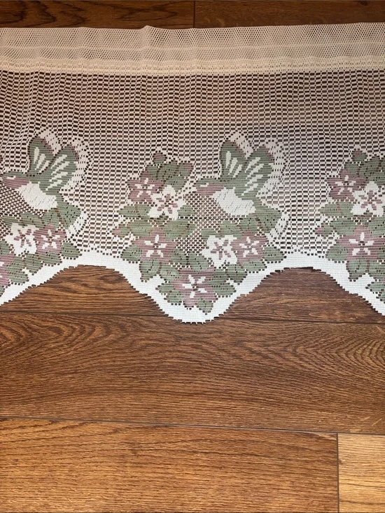 Vintage white SET of 3 pink green Heritage Lace Valance Floral Hummingbird Bird