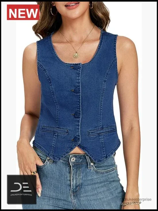 Crop Denim Vest Button Down Square Neck Sleeveless Jean Top Waistcoat