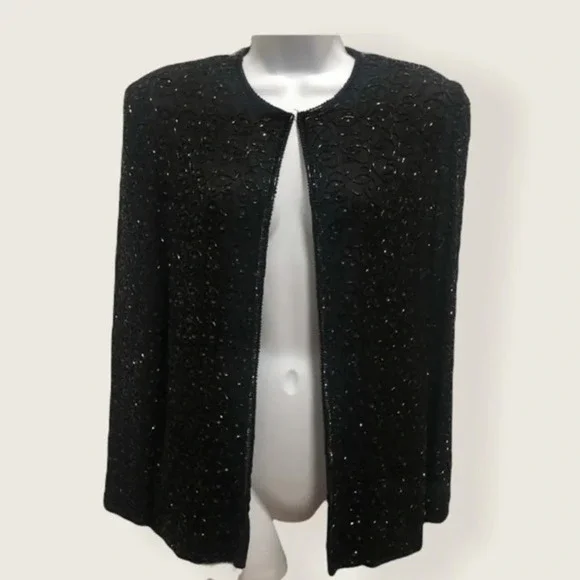 Laurence Kazar Vintage 1980s Silk Black Beaded Sequin Cardigan Jacket Small