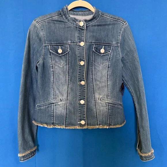 JW Style Y2K Frayed Edge Collarless Denim Jacket Size Small NWT
