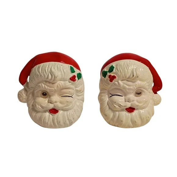 Vintage Santa Claus Winking Lenticular Salt and Pepper Shakers MCM Retro Santa‎