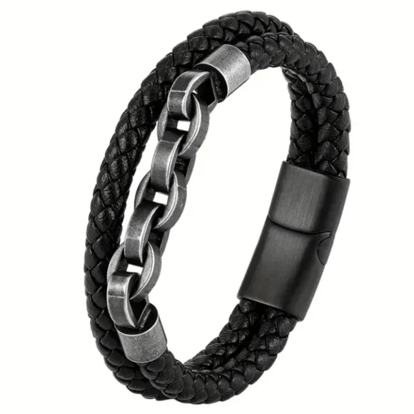 Black Braided Leather Bracelet Antique Silver Accents