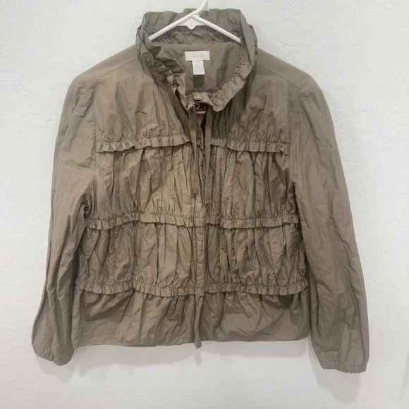 Chico's Tan Utility Jacket Womens 1 M/8 Elasticized Waist Green Military Pleated