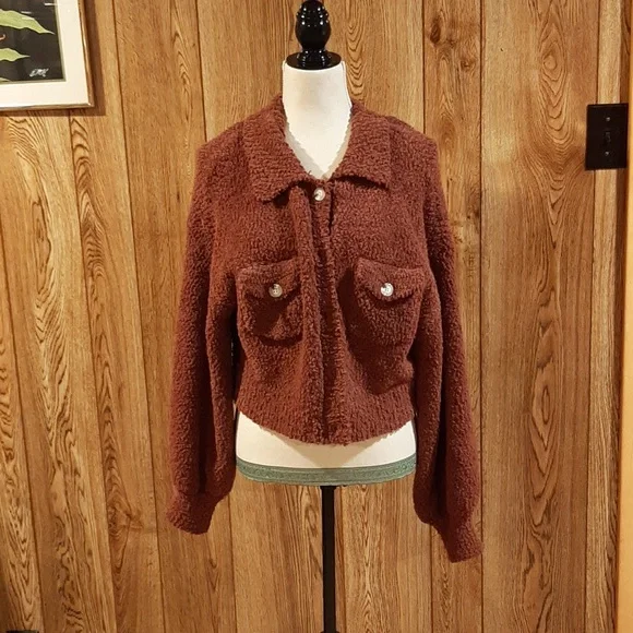 🫖Blue Blush Popcorn/Fuzzy Balloon-Sleeve Button-Down Jacket (L)🫖