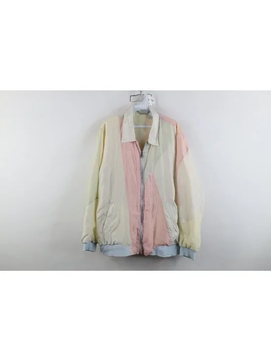 Vintage 90s Streetwear Womens Medium Distressed Pastel Silk Zip Bomber Jacket