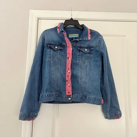 Vintage Too-She-She Women’s Embellished Dotted Pink Trim Denim Jacket