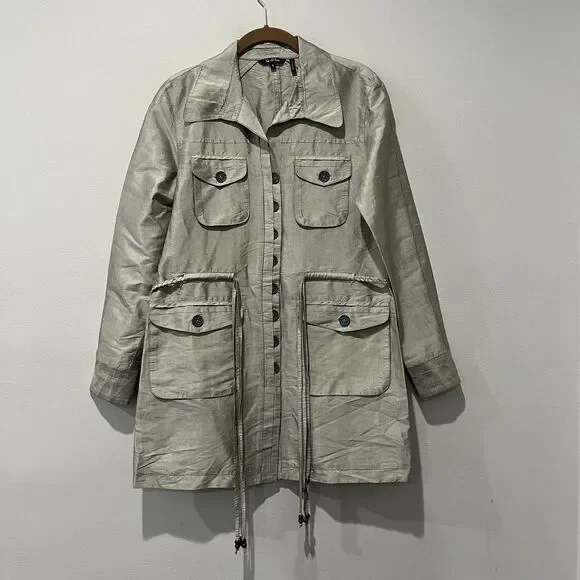 Nic & Zoe Silk Jacket Women’s Small Beige Taupe Trench Button Up Pockets Tassels