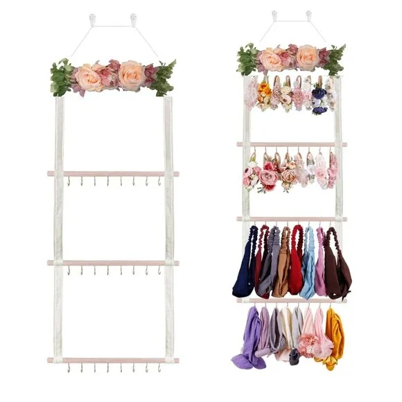 Floral Hanging Organizer for Bows, Headbands, Photos, Baby Bibs w/32 Gold Hooks