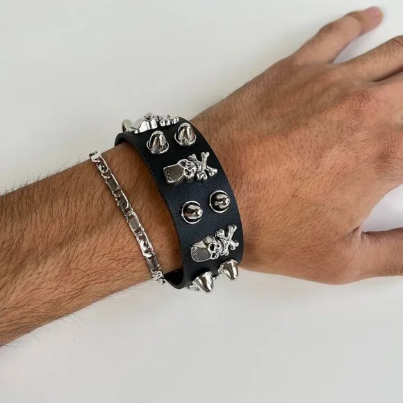 y2k 2000s skeleton spiked grunge punk black studded bracelet