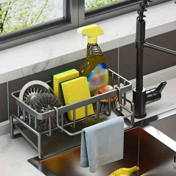 Gray Sink Caddy, Sponge Storage & Drain Rack With Dishcloth Holder