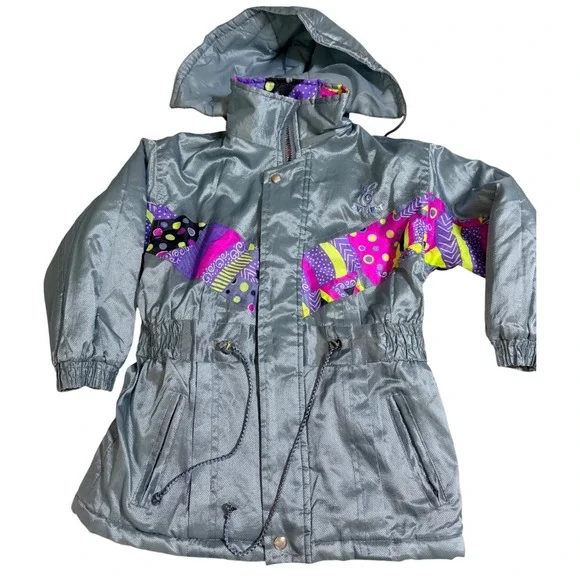 Everest Sport Ski Jacket 40 Silver Neon Geometric Vintage 100 Nylon