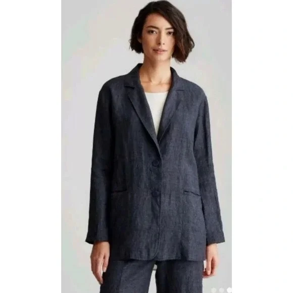 Eileen Fisher Denim Notch Collar Jacket Organic Washed Linen DELAVE medium‎