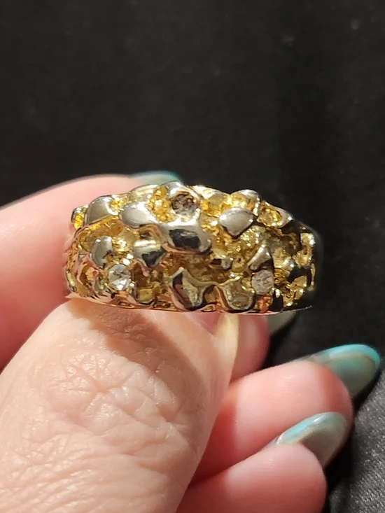 Mens Gold-Tone Nugget Style Statement Ring with Faux Diamonds