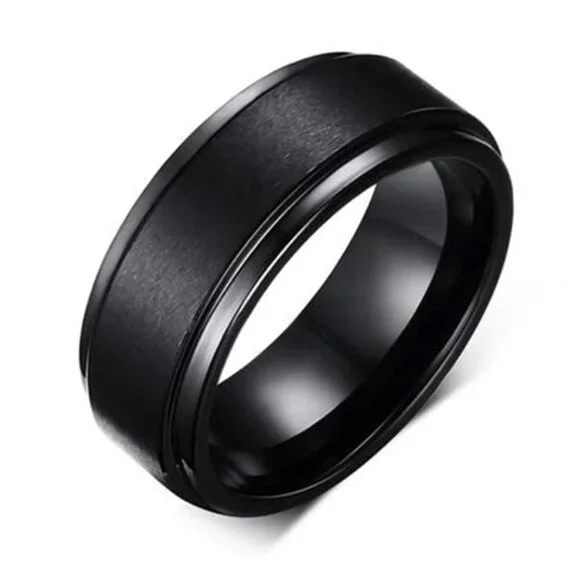 Jewelry ring band tungsten 8mm wide black step edge brushed finish men mens