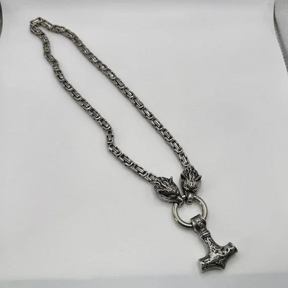 Viking Wolf Heads Mjolnir‎ Thor Hammer Pendant Necklace Silver Tone Chain Mens