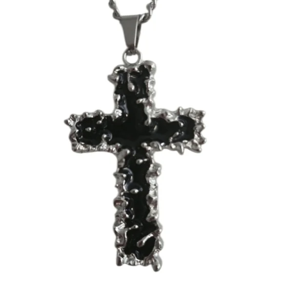 Black and Silvertone Cross Pendant Necklace