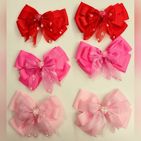 6- Hair Bows  - Red, Pink, Light Pink