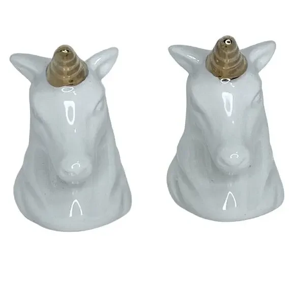 Porcelain Unicorn Salt & Pepper Shakers with Gold Horns, Whimsical Decor Vintage