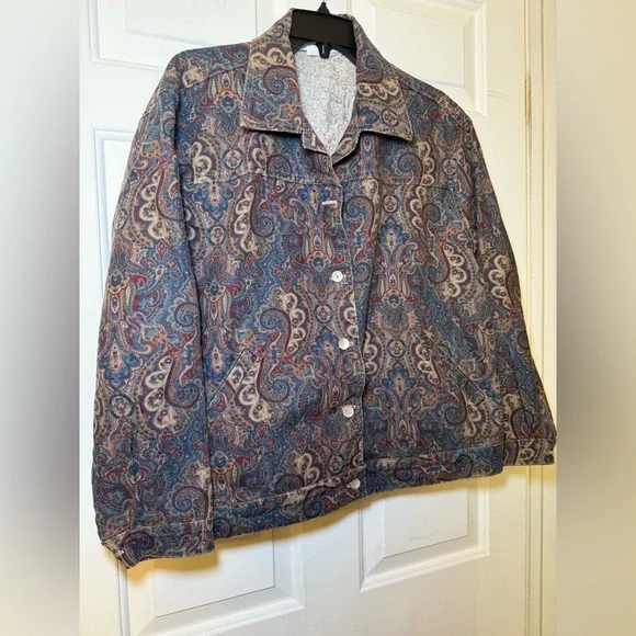 Norm Thompson Vintage Paisley Print Denim Jacket Size XL Red Blue Tan USA Boho