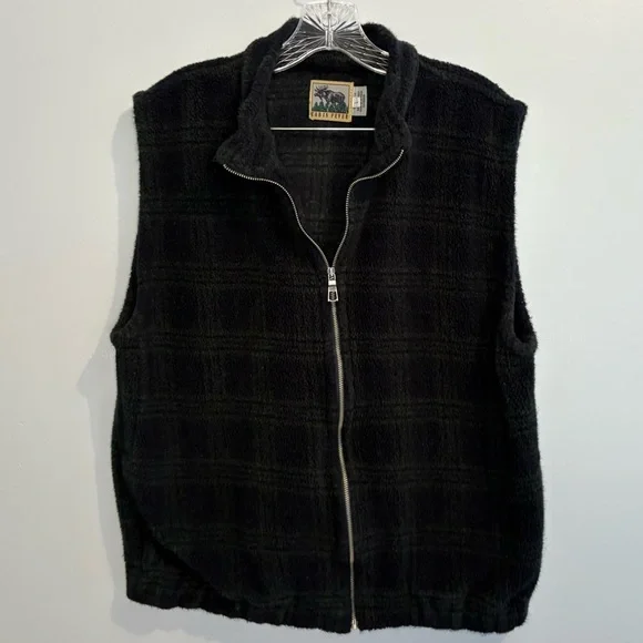 Vintage Cabin Fever Large Plaid Navy Green Zip Fleece Vest Granola Girl Unisex
