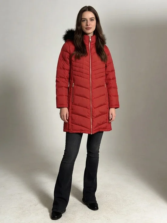 Michael Kors Red Down Puffer Coat Faux Fur Hood Gold Zip Size M